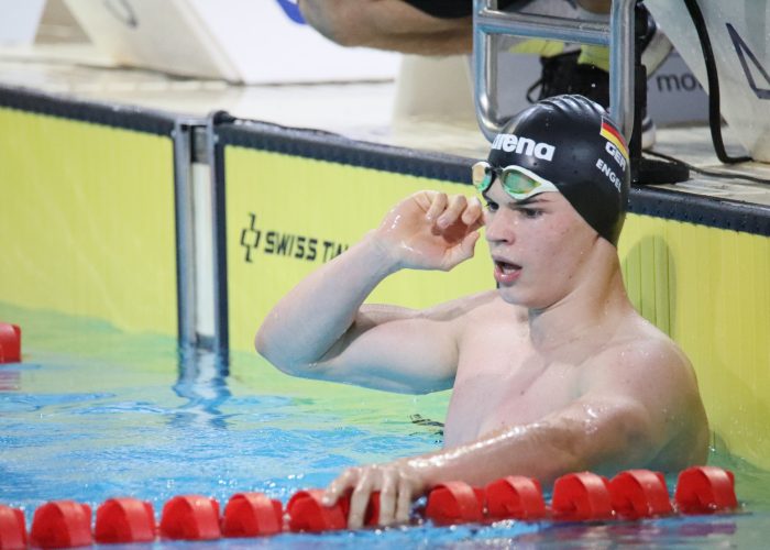 Taliso Engel gewinnt über 100 Meter Brust die Goldmedaille bei der EM 2021 in Portugal.